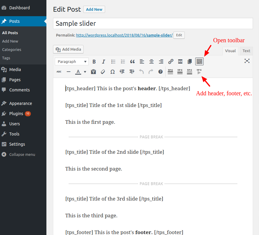 Theia Post Slider Shortcodes in Editor