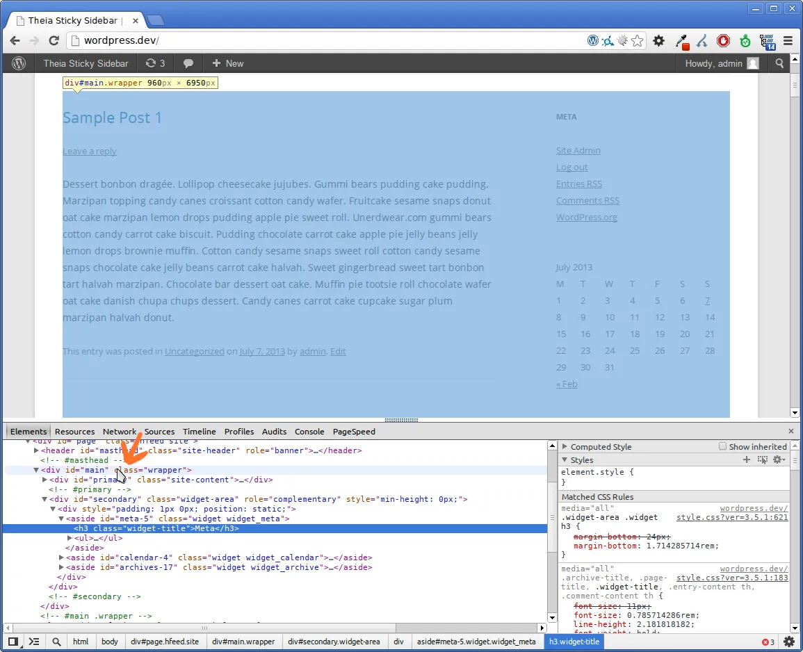 The container element highlighted